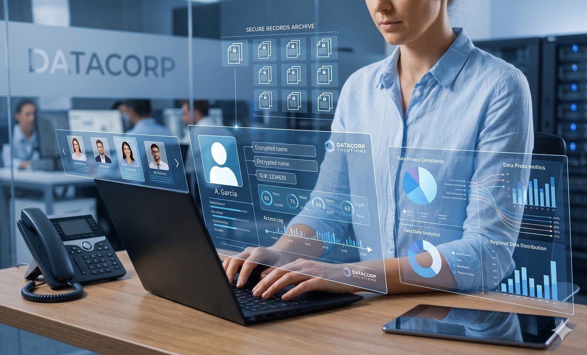 Empresa gestionando y protegiendo datos personales de sus clientes con medidas de seguridad